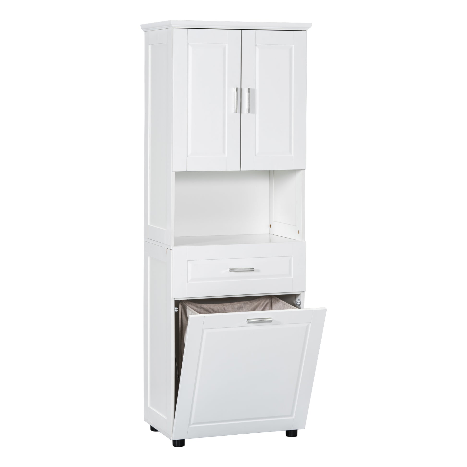 Tall Bathroom Cabinet With Laundry Basket, Large Storage Space Tilt Out Laundry Hamper And Upper Storage Cabinet, White White Mdf