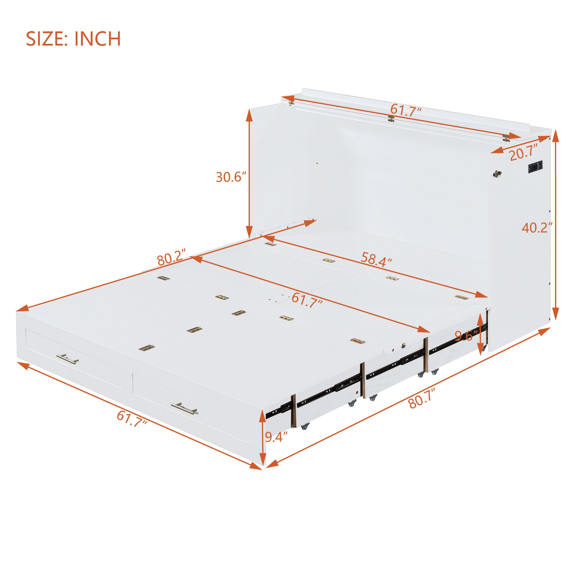 Queen Size Murphy Bed Wall Bed With Drawer And A Set Of Sockets & Usb Ports, Pulley Structure Design, White Queen White Mdf Lvl