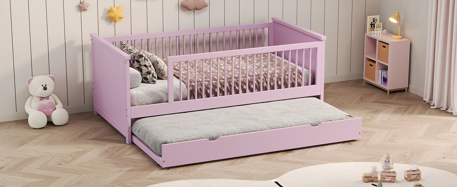 Wood Twin Size Platform Bed With Guardrail And Trundle, Pink Box Spring Not Required Twin Pink Wood Bed Frame Solid Wood Mdf