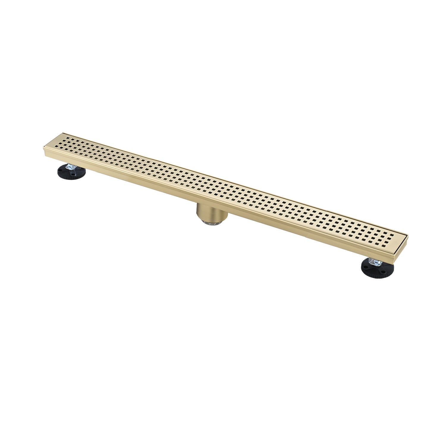 28 Inches Linear Shower Drain With Removable Quadrato Pattern Grate, 304 Stainless Shower Drain Included Hair Strainer And Leveling Feet Brushed Gold Stainless Steel