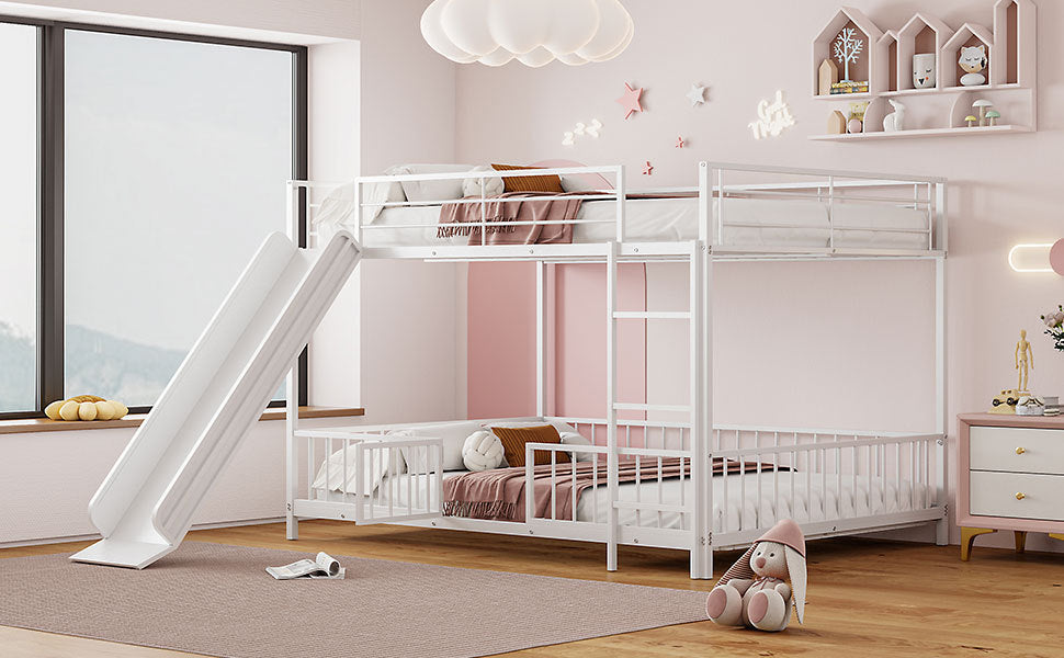 Full Over Full Size Metal Bunk Bed With Slide And Guardrails, White Full White Metal