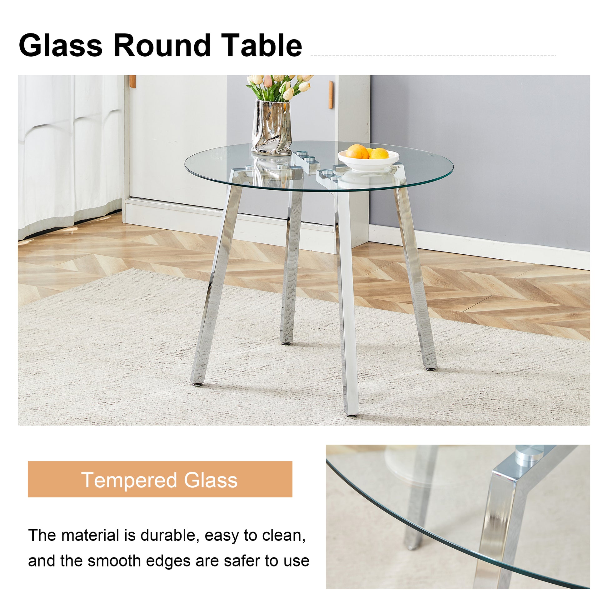 Modern Luxurious Round Tempered Glass Dining Table With Silver 7 Shaped Metal Legs,Suitable For Family Meals, Office Conferences, Or As A Casual Coffee Table For Various Occasions.36*36*29.5 Silver