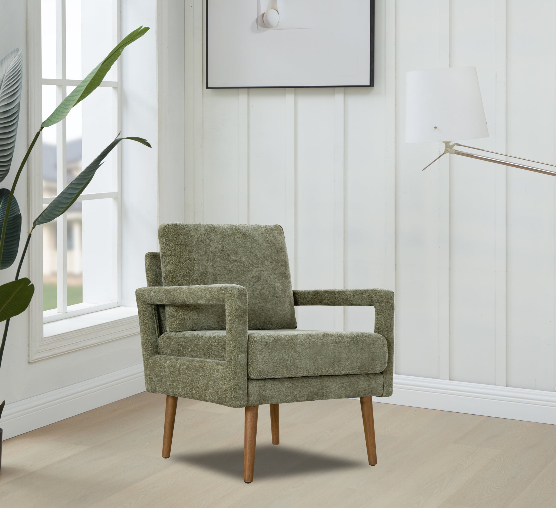Mid Century Armchairaccent Chair With Chenille Armrest & Soft Cushion For Living Room, Bedroom, Home Office, Study, Forest Green Green Foam Wood Fabric