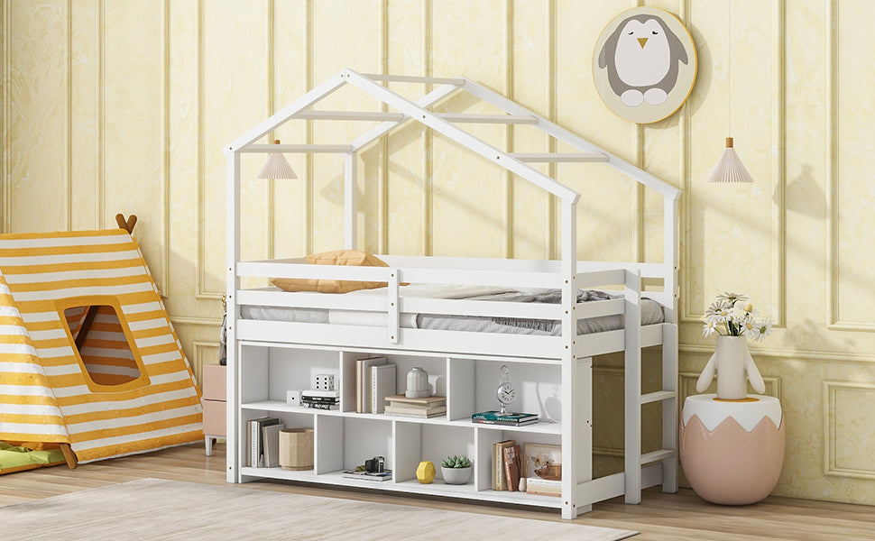 Twin House Loft Bed With Roof Frame, Under Bed Shelving Storage Unit, Guardrails, Ladder,White Twin White Bedroom American Design Pine Pine