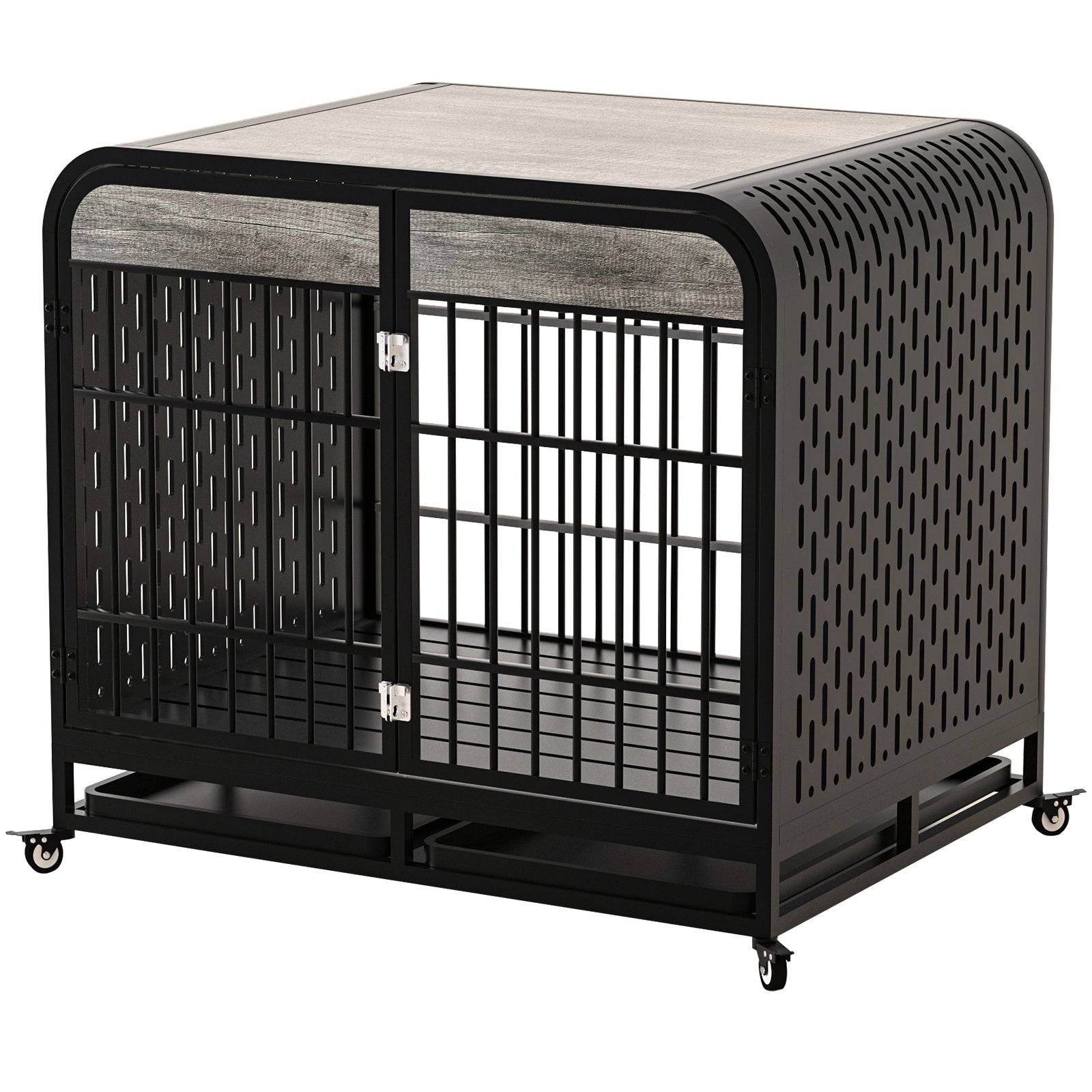 Heavy Duty Dog Crate Furniture Wooden Table Pet Dog Cage Kennel House Indoor Side End Table Decor With Removable Trays And Lockable Wheels For Medium And Large Dogs 40" Grey Grey Outdoor Kennel Medium 26 40 Lbs Mdf Steel