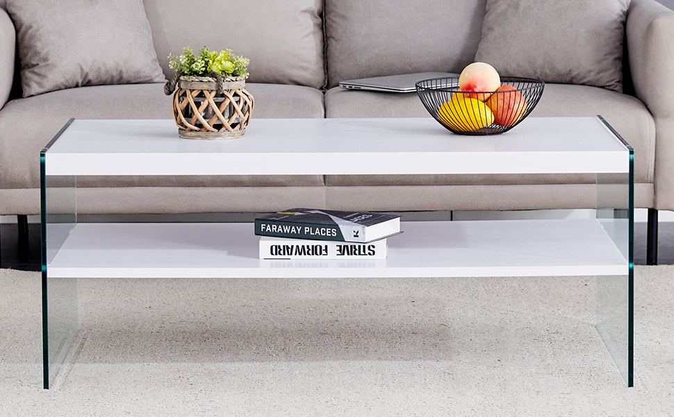 Double Rectangular Coffee Table. The Board Surface Is Mdf, With White Stickers, And Both Sides Are Transparent Tempered Glass. Suitable For Living Room, Bedroom And Other Occasions. White Mdf Glass