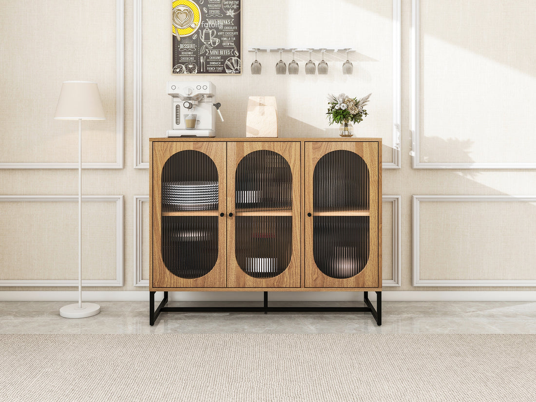 Storage Cabinet With Glass Door, Sideboard Buffet Cabinet For Kitchen,Dining Room, Walnutcolor Natural Particle Board