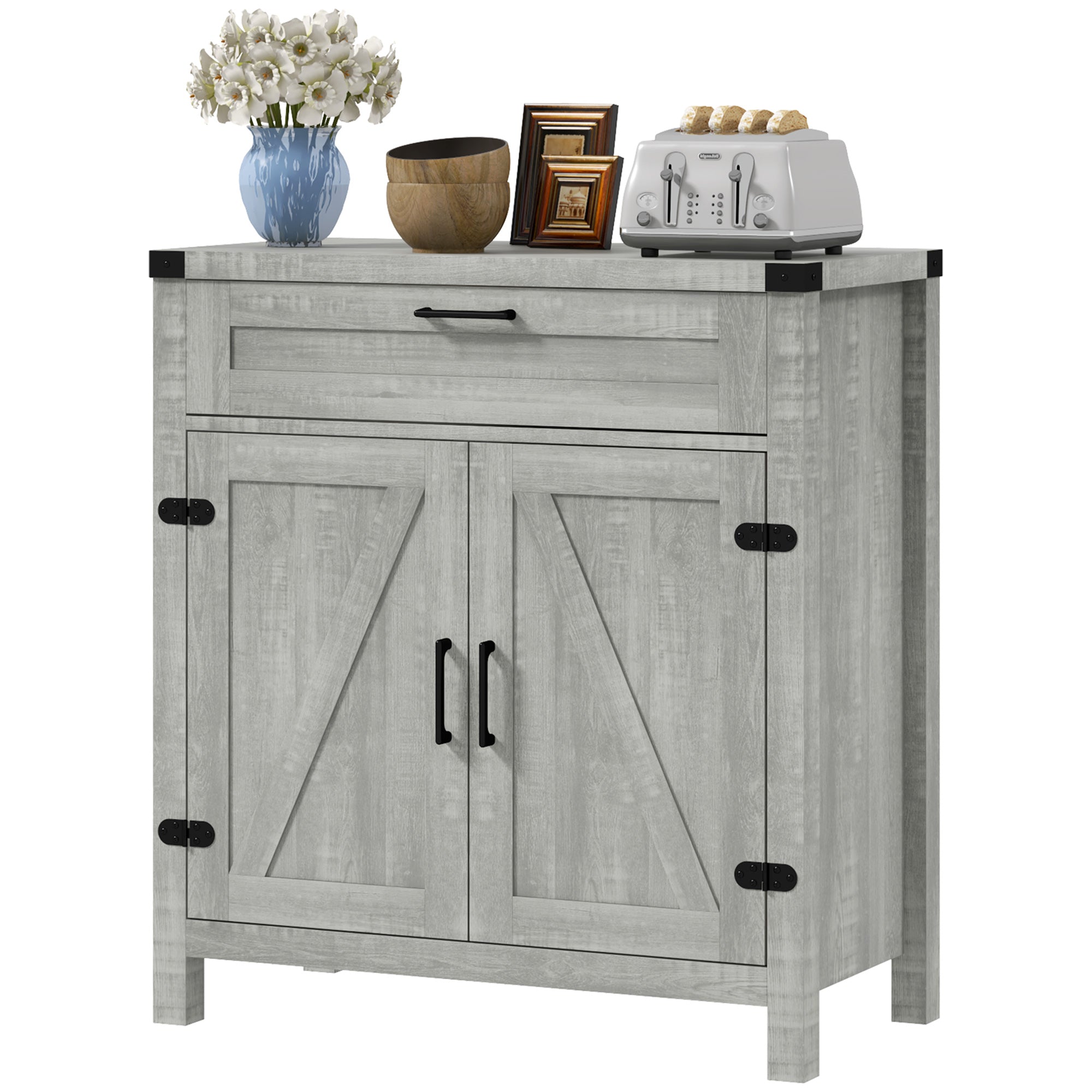 Homcom Sideboard Buffet Cabinet With Storage Drawer, Modern Farmhouse Kitchen Cabinet With 2 Barn Doors, Coffee Bar Cabinet, Gray Stone Gray Particle Board