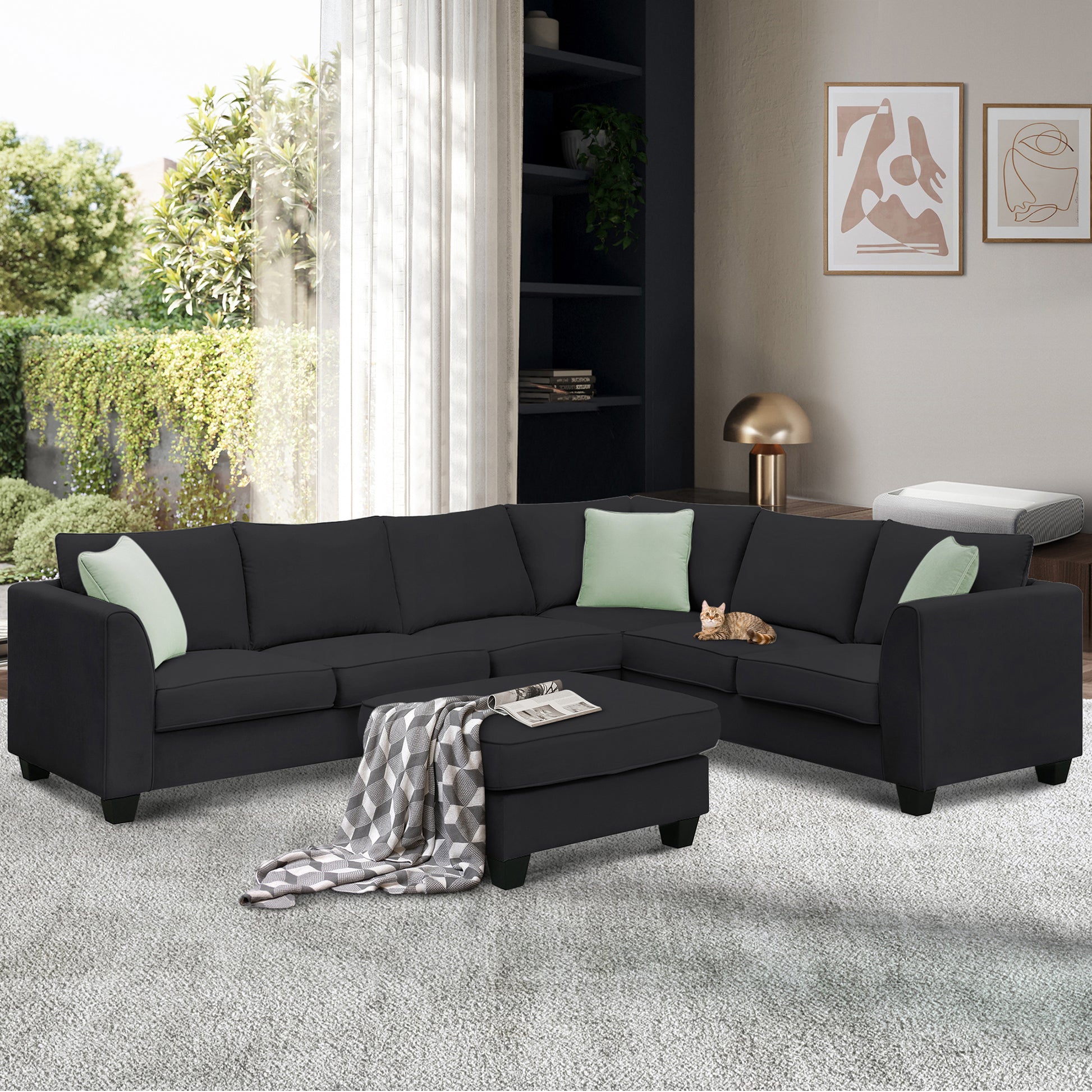 112*87" Sectional Sofa Couches Living Room Sets, 7 Seats Modular Sectional Sofa With Ottoman, L Shape Fabric Sofa Corner Couch Set With 3 Pillows, Black Of Gs008210Aab Black Fabric 7 Seat