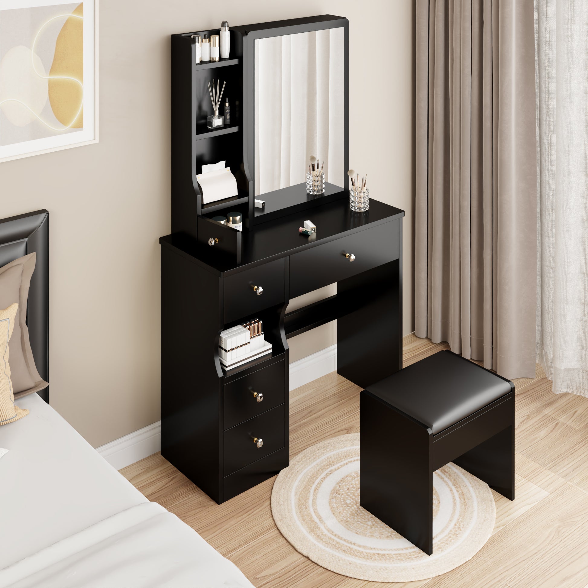 Small Space Left Drawer Desktop Vanity Table Cushioned Stool, Extra Large Right Sliding Mirror, Multi Layer High Capacity Storage, Practical Fashionable Dresser, Suitable For Girls Up To 5.6Ft Tall Black Mdf