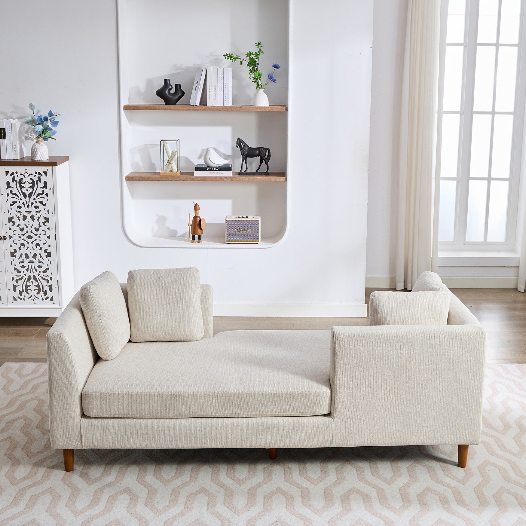 77.95'' Wide Modern Double Sided Upholstered Chaise Lounge Indoor,Chenille Fabric Sleeper Sofa Couch With 4 Throw Pillows, Daybed With Rubberwood Legs For Living Room, Bedroom, Apartment,Beige Beige