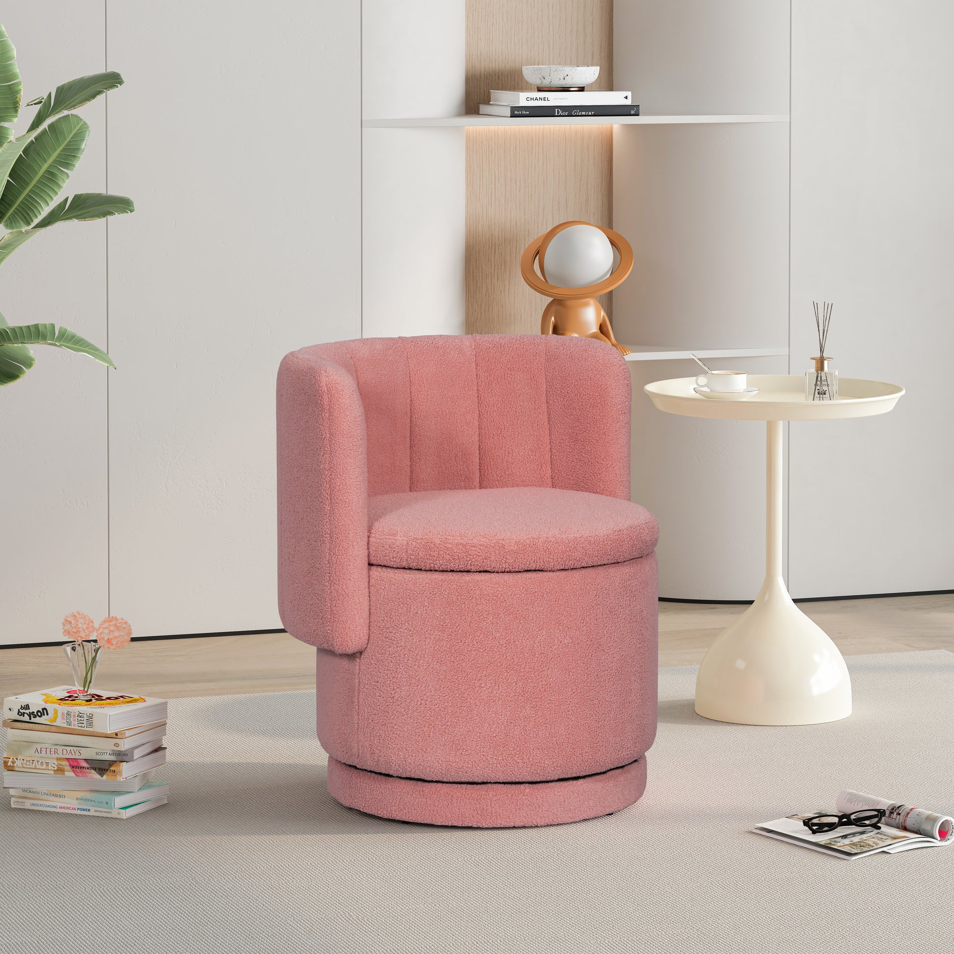 360 Degree Swivel Back Sofa Chair With Storage Space, Suitable For Bedroom And Living Room Pink Pink Boucle