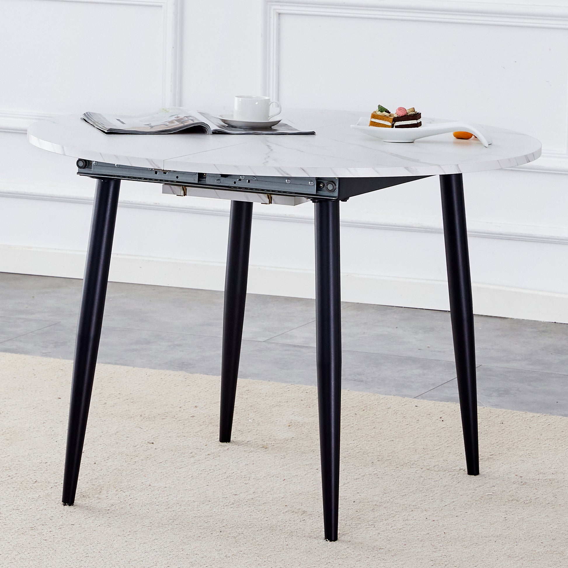 With A Clever Retractable Mechanism, The Mdf Table Top And Black Metal Legs And Has A Smooth And Delicate Surface. The Unique Look Creates The Sleekof A Modern Home. White Mdf Metal