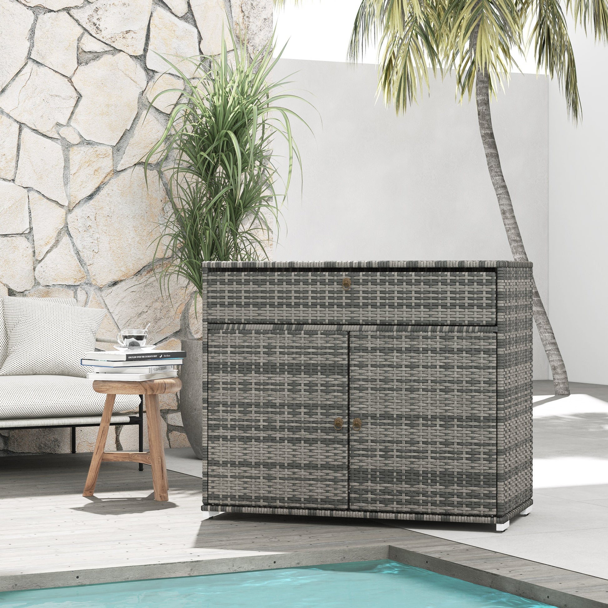 Outsunny Outdoor Towel Rack & Pool Toy Cabinet, Hot Tub Accessory Storage, Freestanding Pe Rattan Wicker Cabinet With Drawer For Indoor, Outdoor Swimming Pool, Spa, Gray Grey Steel