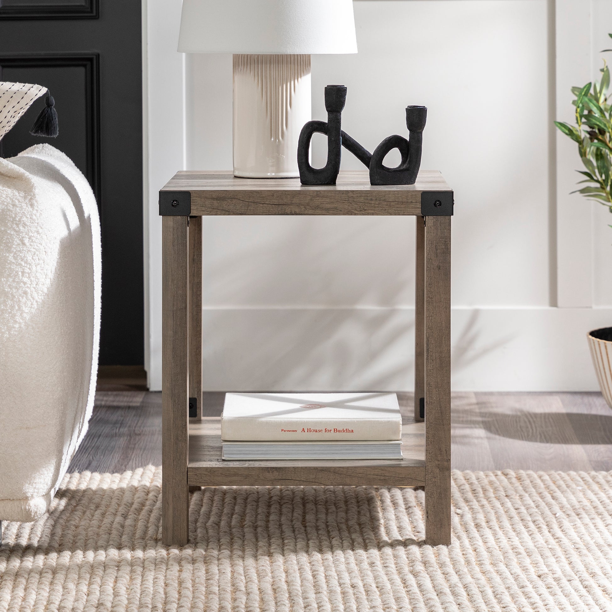 Rustic Industrial Metal X 2 Tier Side Table Grey Wash Gray Wash Mdf