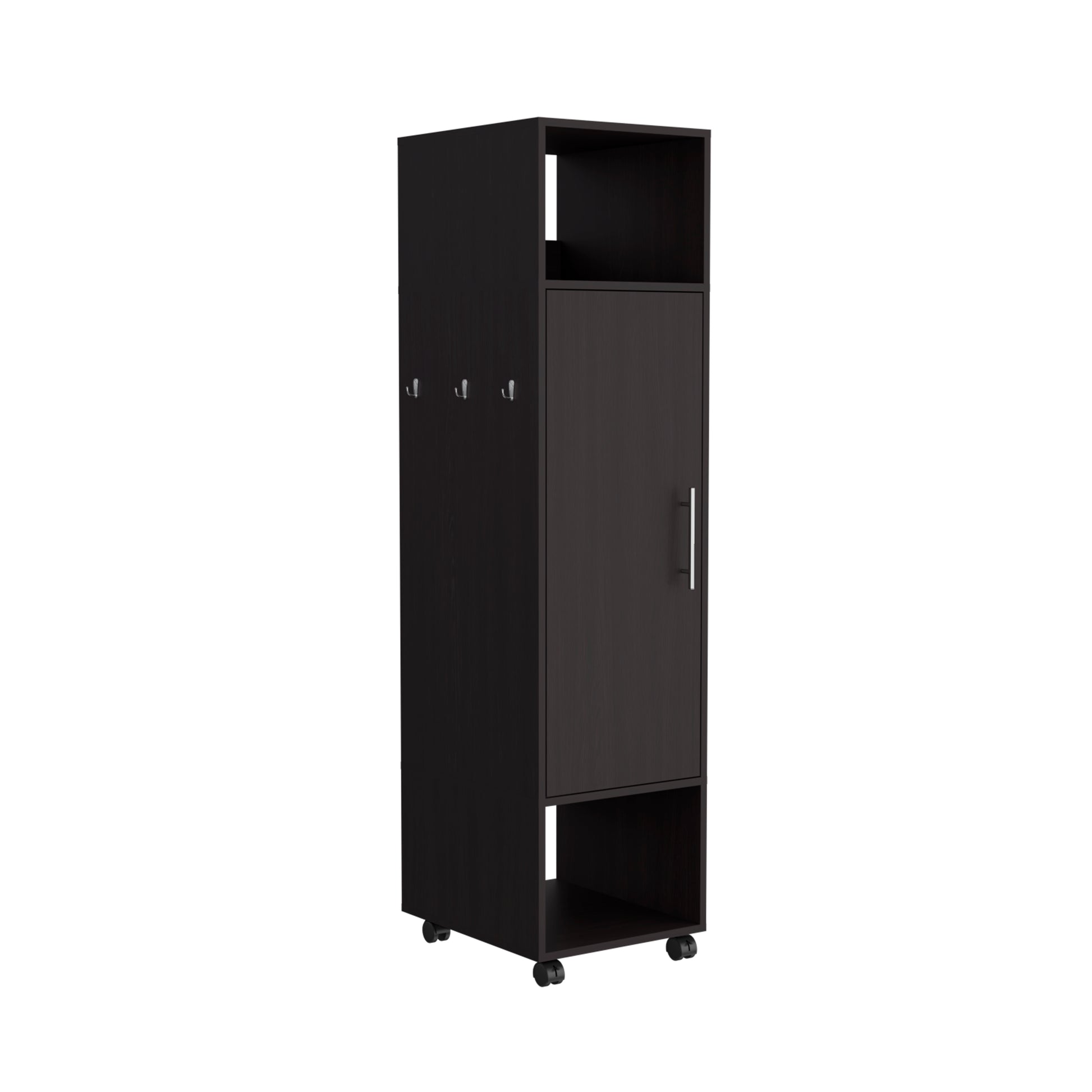 Cluster 63" Tall Wardrove One Door Cabinet With Mirror, Three Shelves, Casters And Hanging Rod, Armoire, Bedroom Clothes Storage, Cabinet Organizer Black Black Bedroom Modern Particle Board