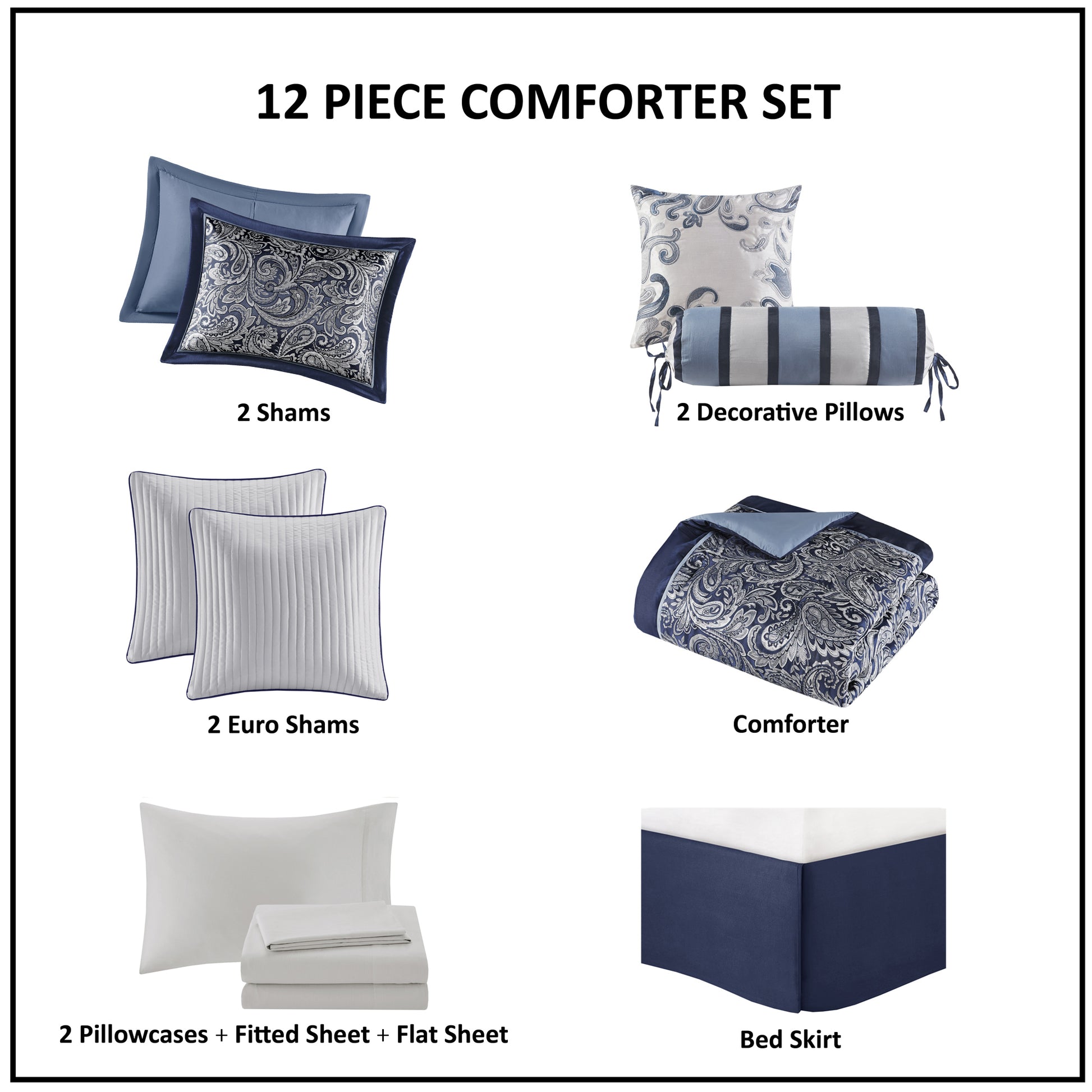 12 Piece Comforter Set With Cotton Bed Sheets Navy Cal King California King Navy Polyester