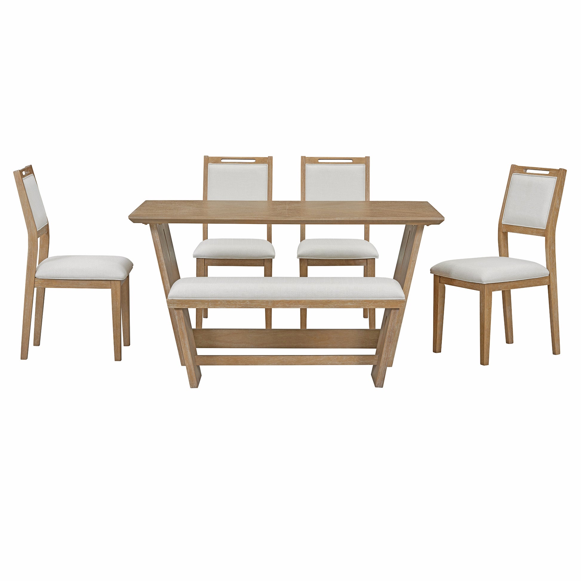 6 Piece Retro Dining Set, 1 Rectangular Table With Stable Trapezoidal Table Base And 4 Upholstered Chairs And 1 Bench For Dining Room And Kitchen Natural Wood Wash Natural Wood Wash Solid Wood Mdf