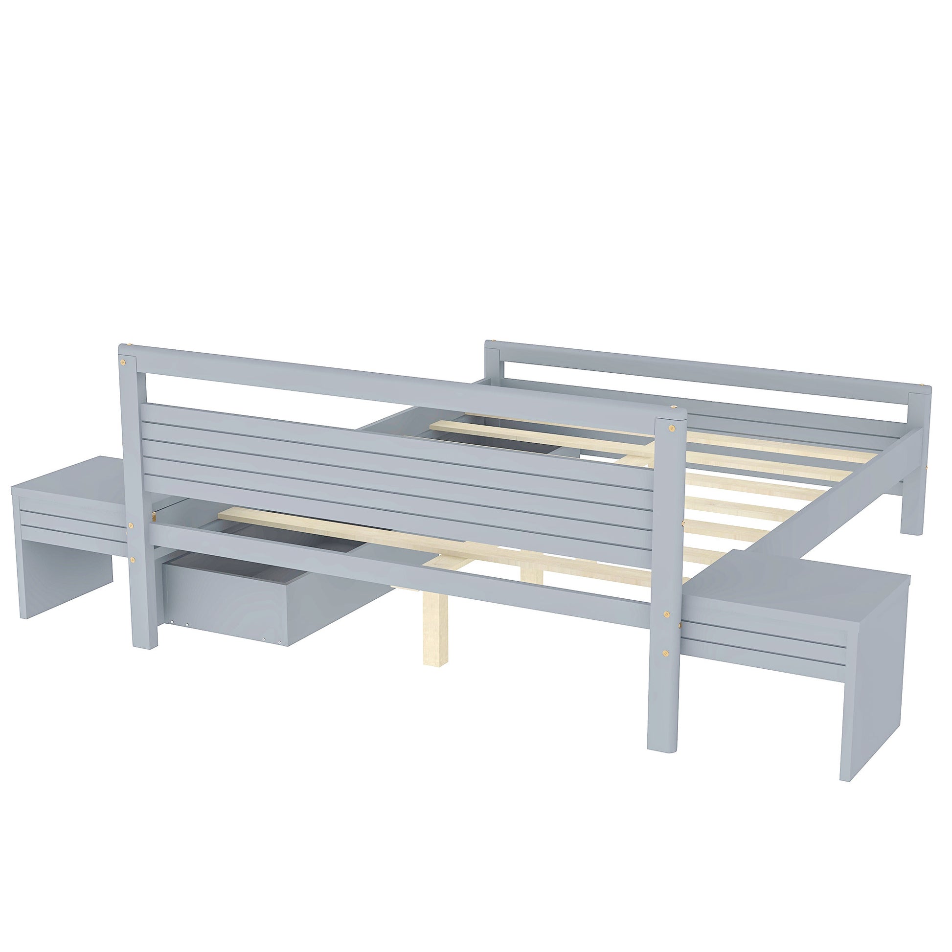 Queen Size Wooden Platform Bed With 2 Storage Drawers And 2 Bedside Tables, Gray Queen Gray Pine