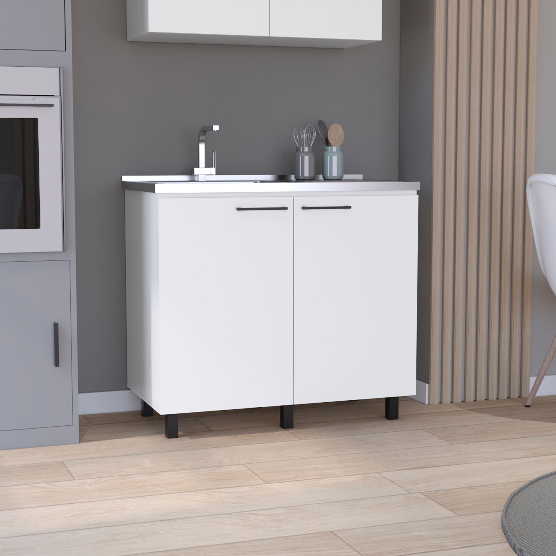 2 Freestanding Utility Base Cabinet With Stainless Steel Countertop And 2 Door, White White Solid Wood Mdf Engineered Wood