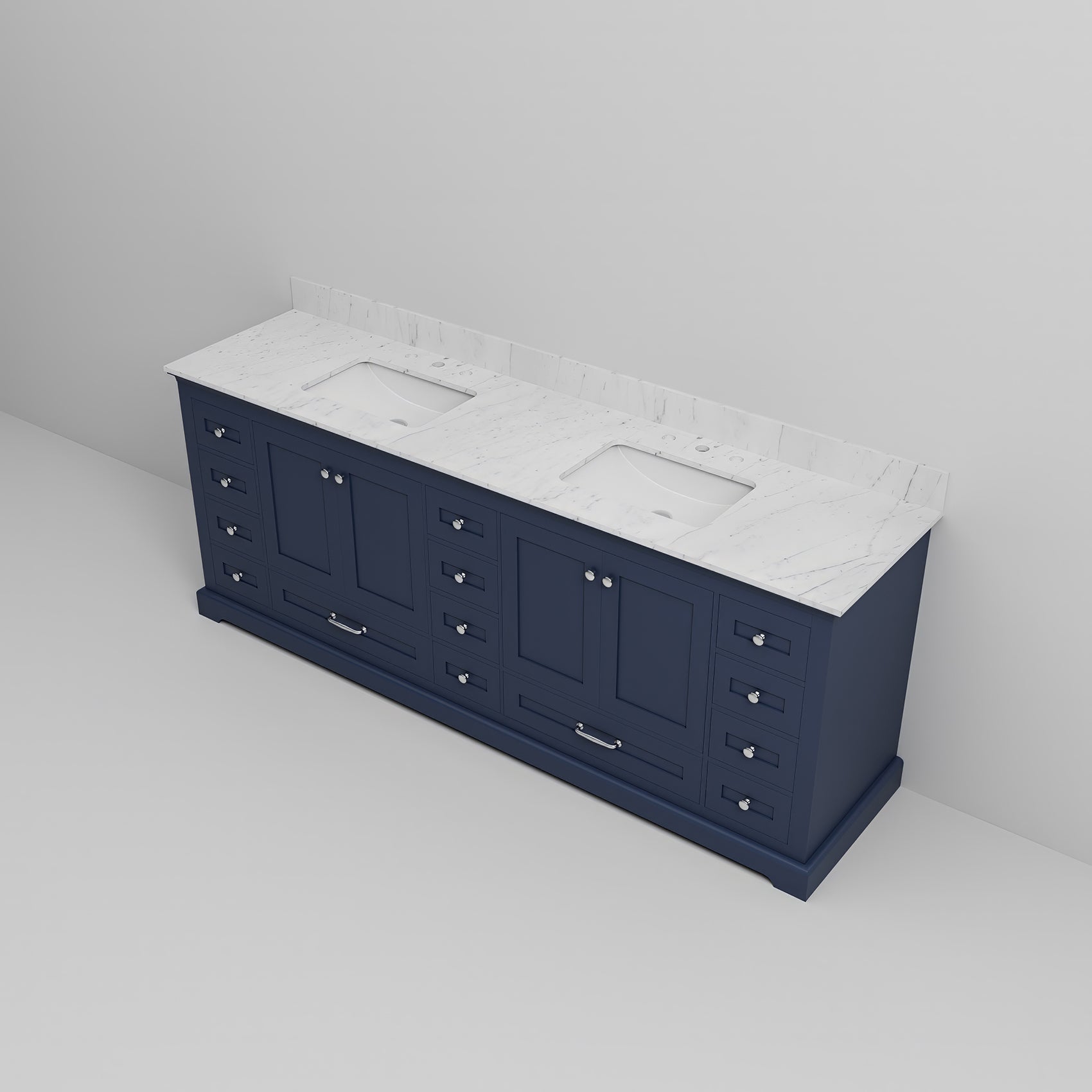 Navy Blue Double Bath Vanity 84 In. W X 22 In. D, With Carrara Marble Top Navy Blue Plywood Wood