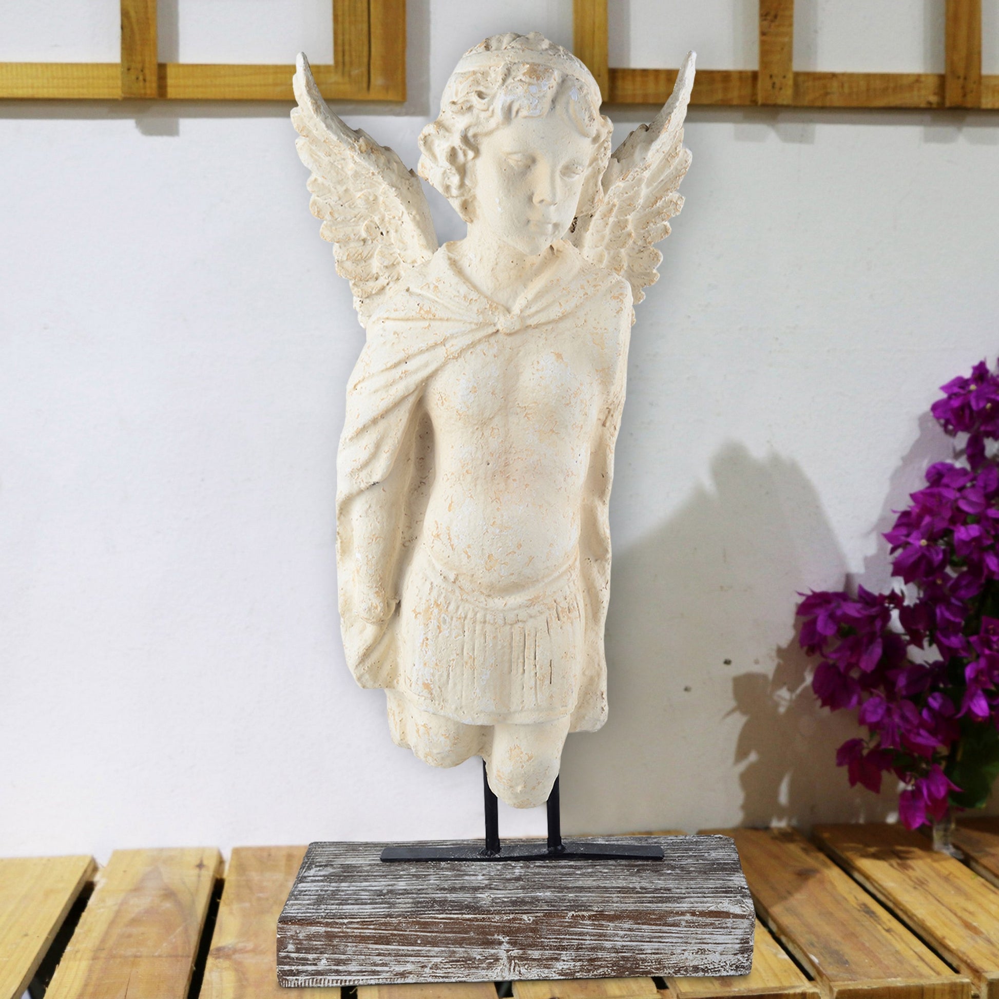 Magnesia And Metal Garden Angel Bust On A Wooden Pedestal, Beige Beige Magnesium Oxide