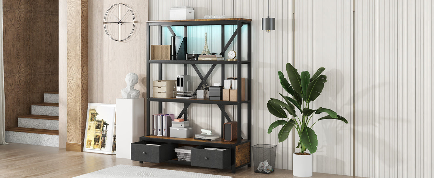 3 Shelf Metal Bookcase With Drawers For Home Office, Open Bookcase, Vintage Industrial Style Bookcase With Led,Vintage Wood Color Vintage Mdf Metal
