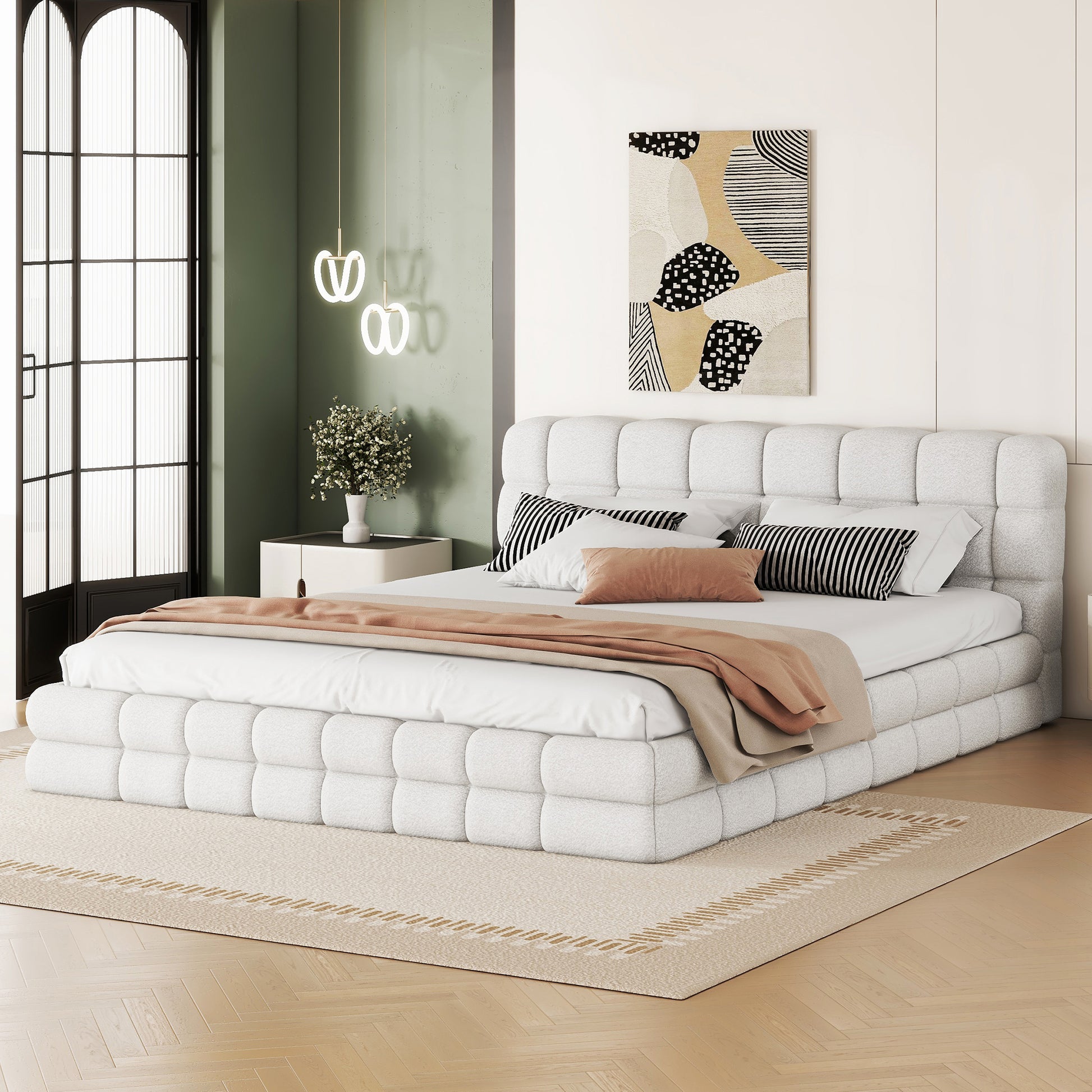 Queen Size Upholstered Platform Bed, White Box Spring Not Required Queen White Wood Bedroom Bed Frame Upholstered