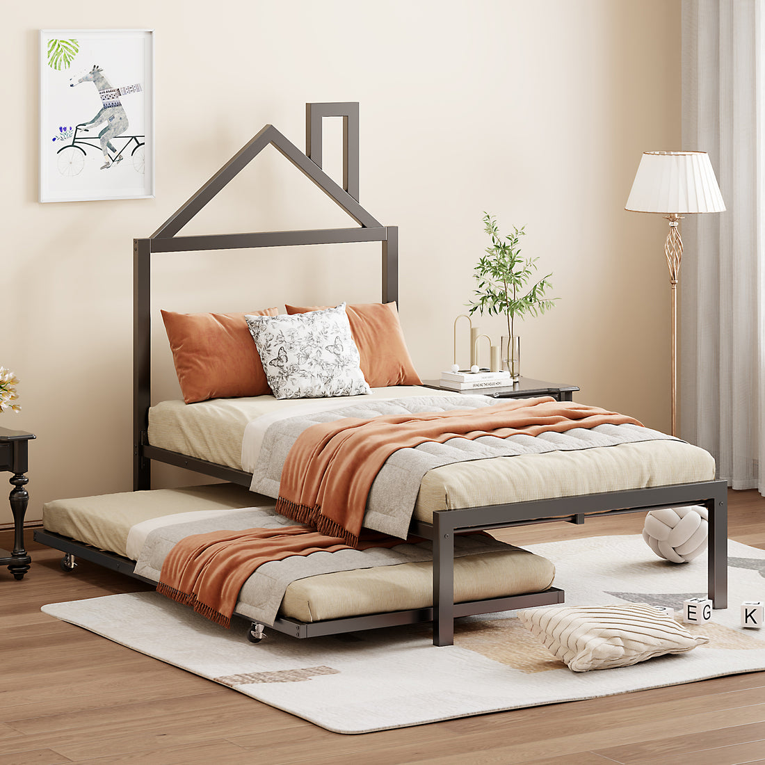 Twin Size Metal Platform Bed With Twin Size Trundle,House Shaped Headboard Design, Black Twin Black Metal