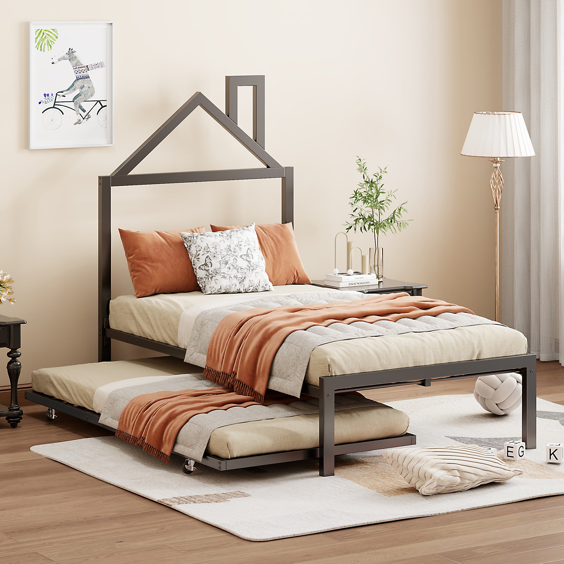 Twin Size Metal Platform Bed With Twin Size Trundle,House Shaped Headboard Design, Black Twin Black Metal