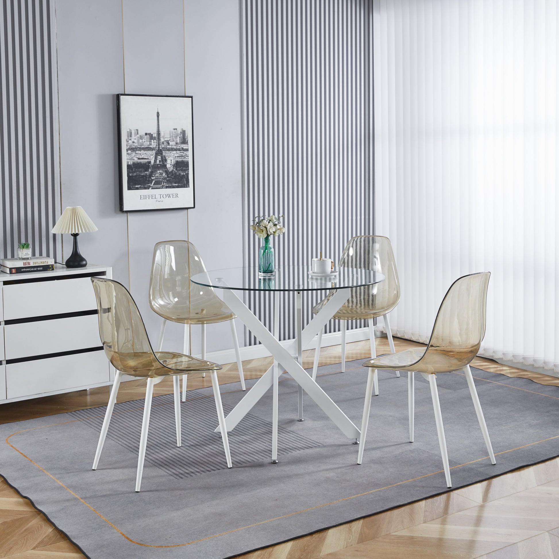 Dining Table With Cross Metal Leg And Tempered Glass,Modern Space Saving Kitchen Table For Living Room,White Legs,90X90X75Cm White Glass Metal