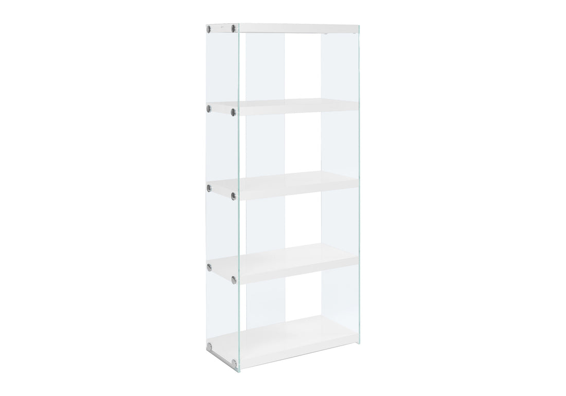 Bookshelf, Bookcase, Etagere, 5 Tier, 60"H, Office, Bedroom, Glossy White Laminate, Clear Tempered Glass, Contemporary, Modern White Mdf