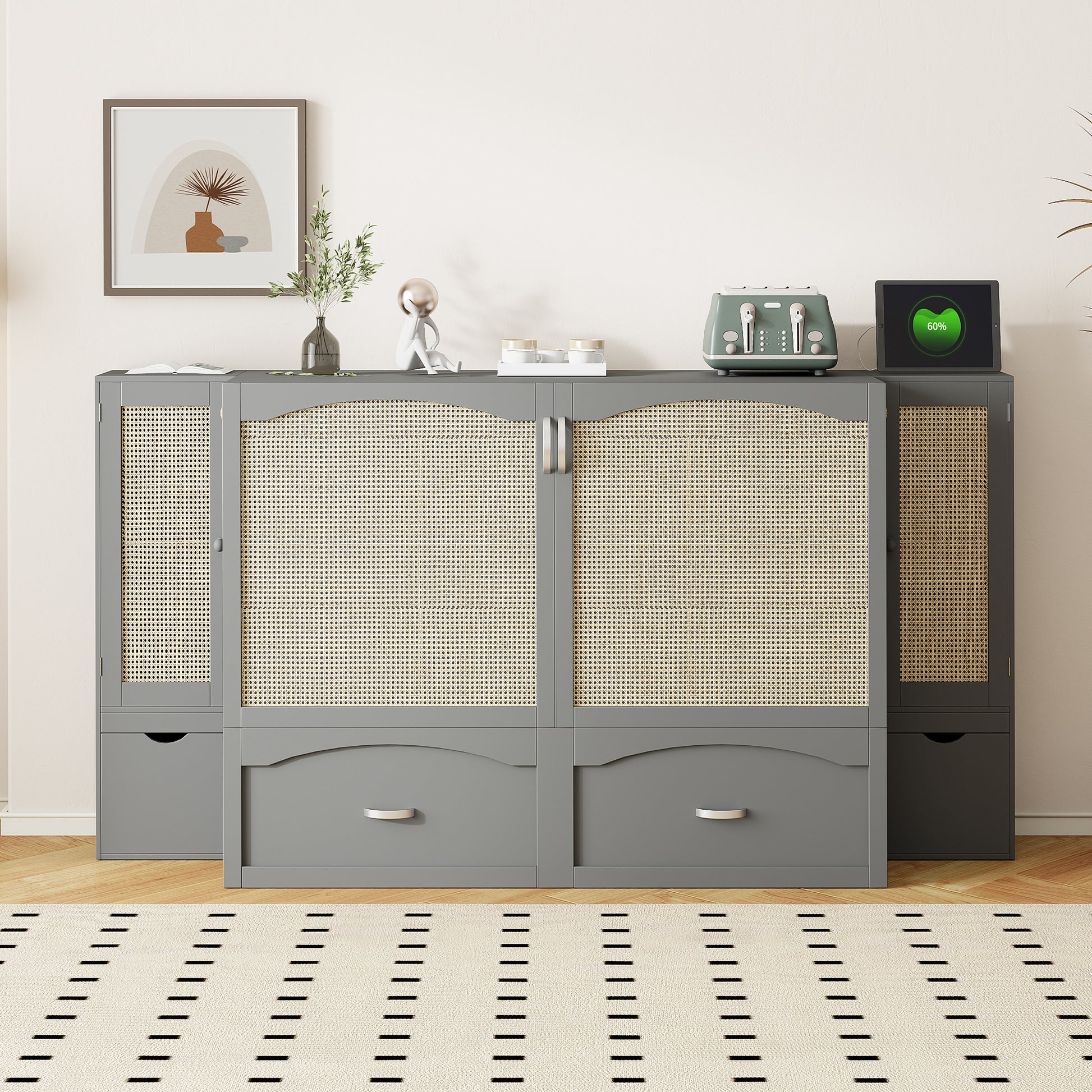 Full Size Murphy Bed Wall Bed With Drawer And Rattan Decoration With 2 Storage Cabinets, One Set Of Sockets & Usb Ports, Pulley Structure Design, Gray Full Gray Plywood