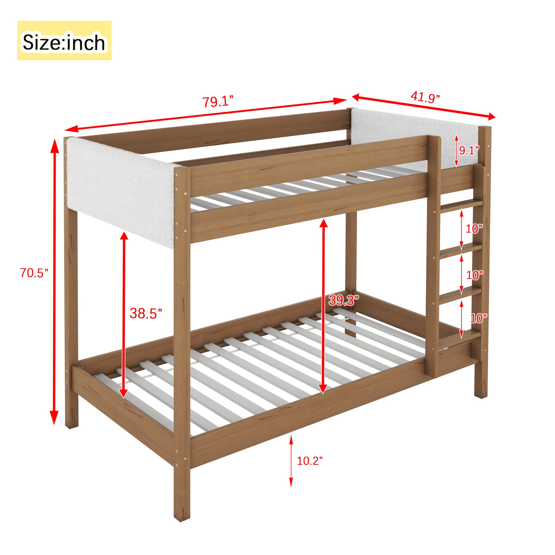 Twin Over Twin Bunk Bed, Upholstered Bunk Bed Frame With Ladder, Safety Guardrails,Rubber Wooden,Teddy Fleece Fabric Headboard Footboard ,Natural Twin Natural Rubber Wood