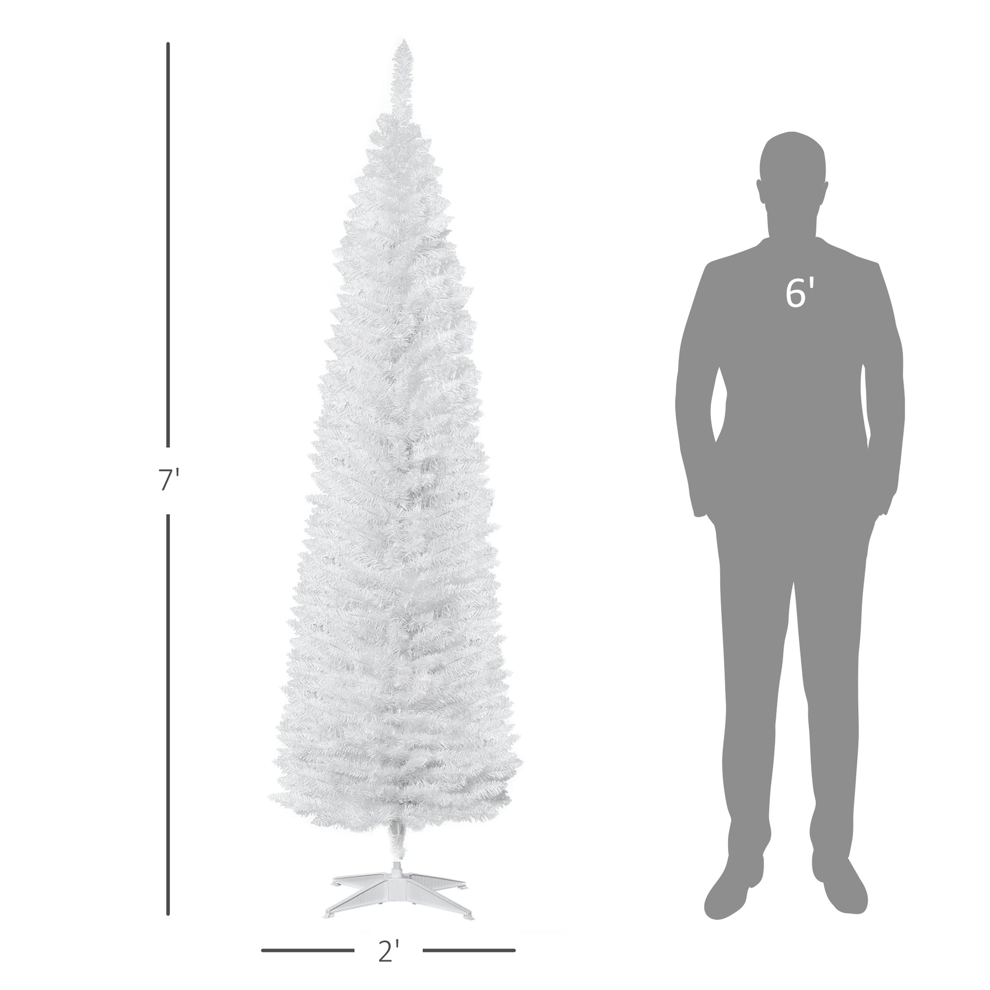 Homcom 7' Artificial Pencil Christmas Tree, Slim Xmas Tree With 499 Realistic Branch Tips And Plastic Stand, White White Polyvinyl Chloride