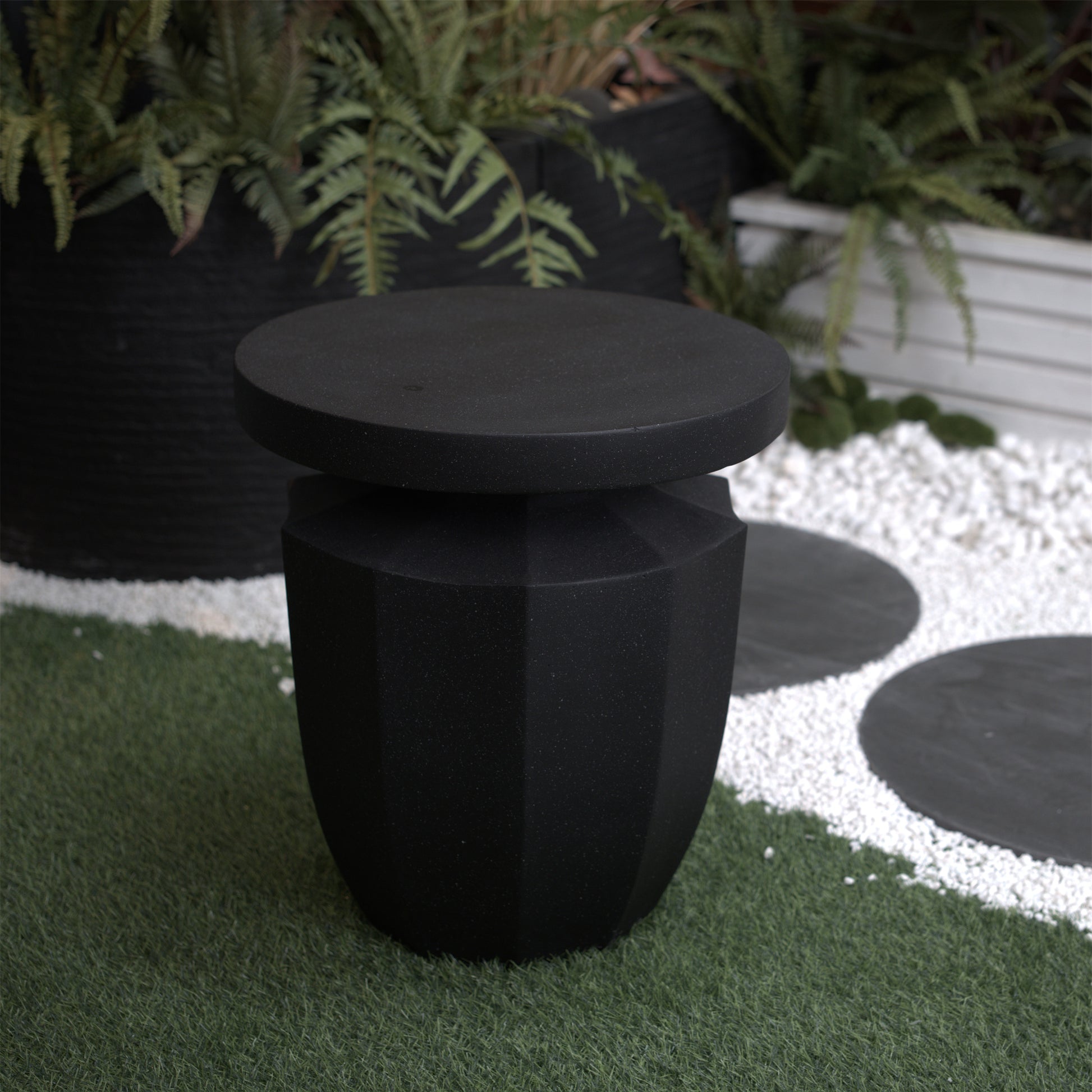 Decorative Garden End Table, 20.3" H Modern Heavy Duty Patio Sturdy Faux Terrazzo Accent Table Side Table Plant Table For Indoor Outdoor Black Magnesium Oxide