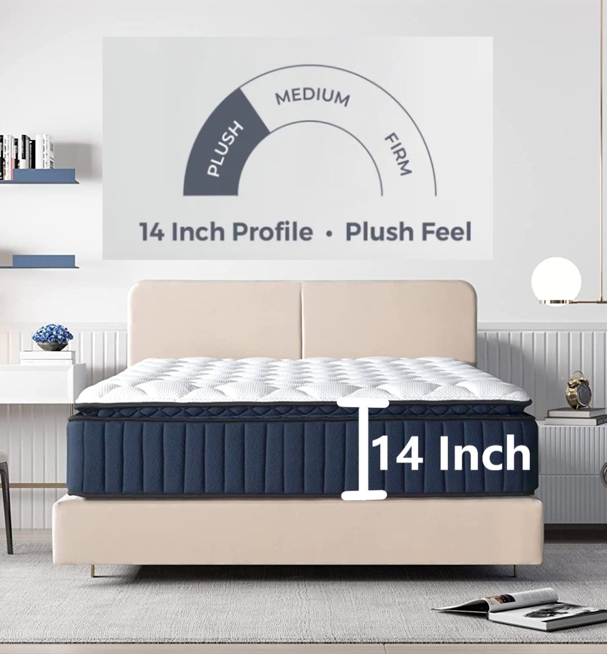 King Size Opulence 14" Plush Pillow Top Memory Foam Edge Support Pocket Spring Premium Hybrid Mattress White Black Blue Polyester Foam Spring King