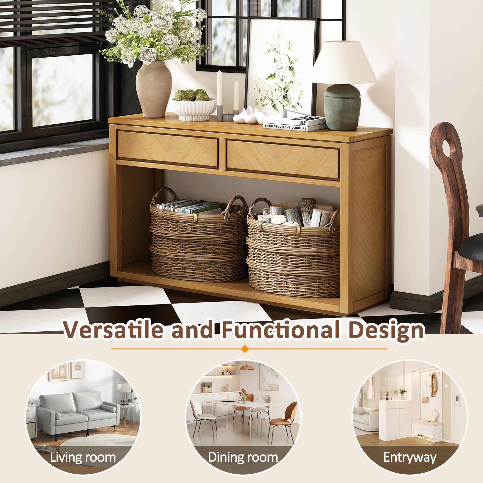 55" Console Table, Rustic Wooden Entryway Table With Storage Drawers And Open Shelf, Elegant Sofa Table For Hallway And Living Room Natural Natural Primary Living Space Mdf
