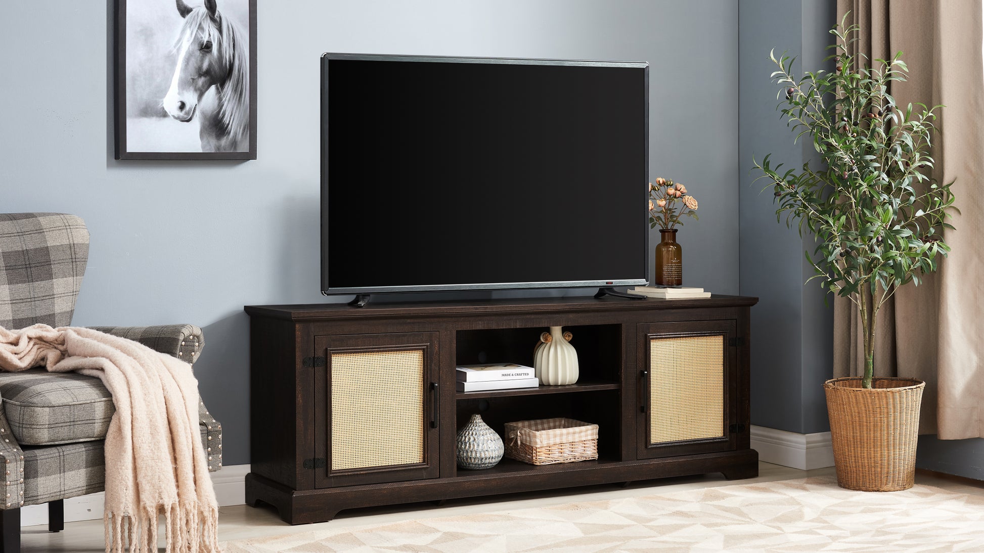 Farmhouse Rattan Tv Stand Console Table For Tvs Up To 70 Inches, Tv Console Table With 2 Storage Shelves, 2 Natural Rattan Door Cabinets, 65"W*15.55"D*23.86"H, Espresso Espresso 60 69 Inches Mdf