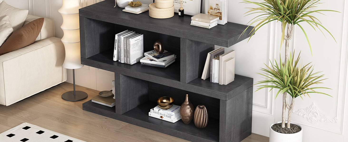 Retro Console Table With Symmetrical 2 Tier Open Shelf For Entryway And Living Room Black Black Mdf