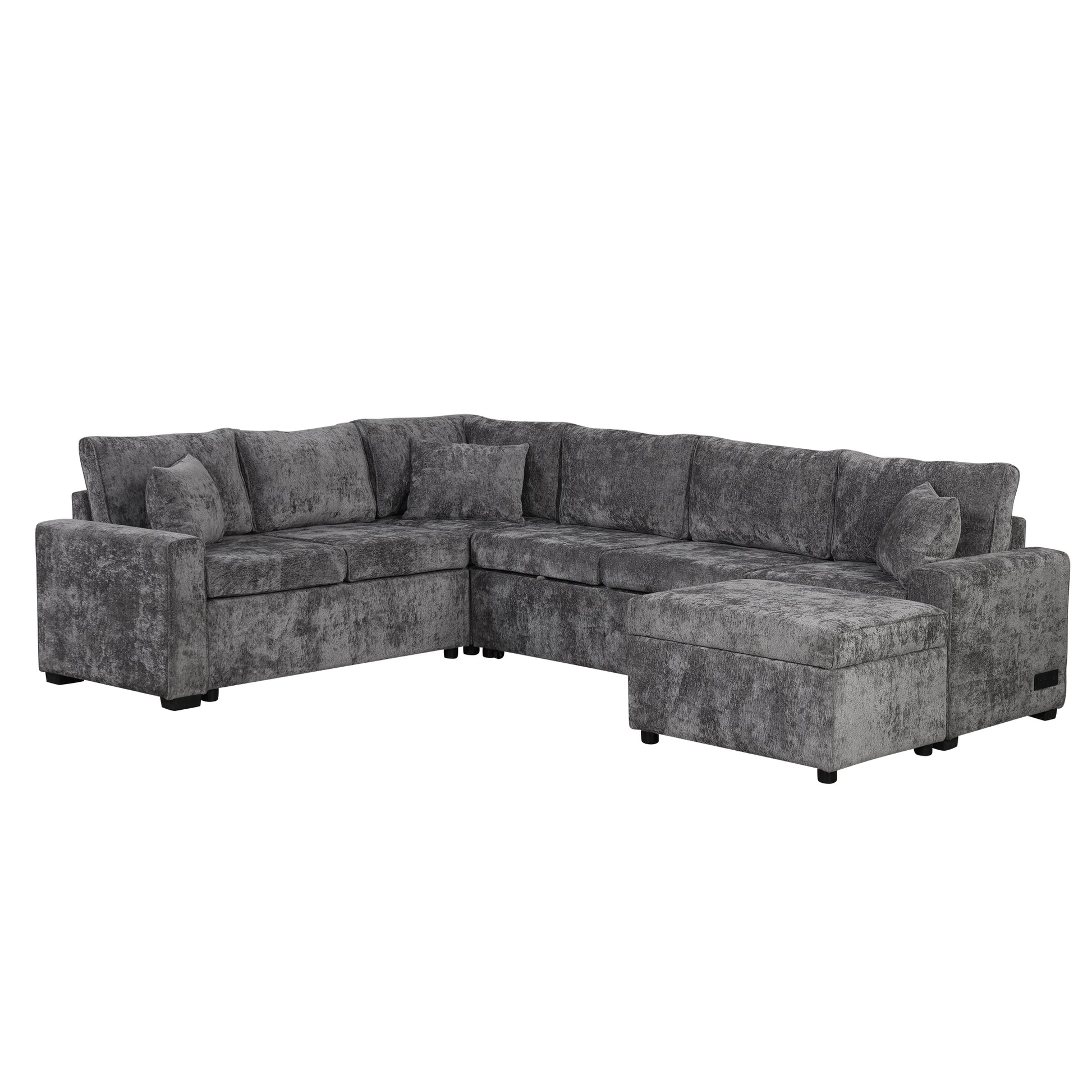 112.2" Sectional Sofa Pull Out Sofa Bed Sleeper With A Storage Ottoman,Three Pillows And Charging Devices For Living Room, Grey Grey Foam Chenille 6 Seat