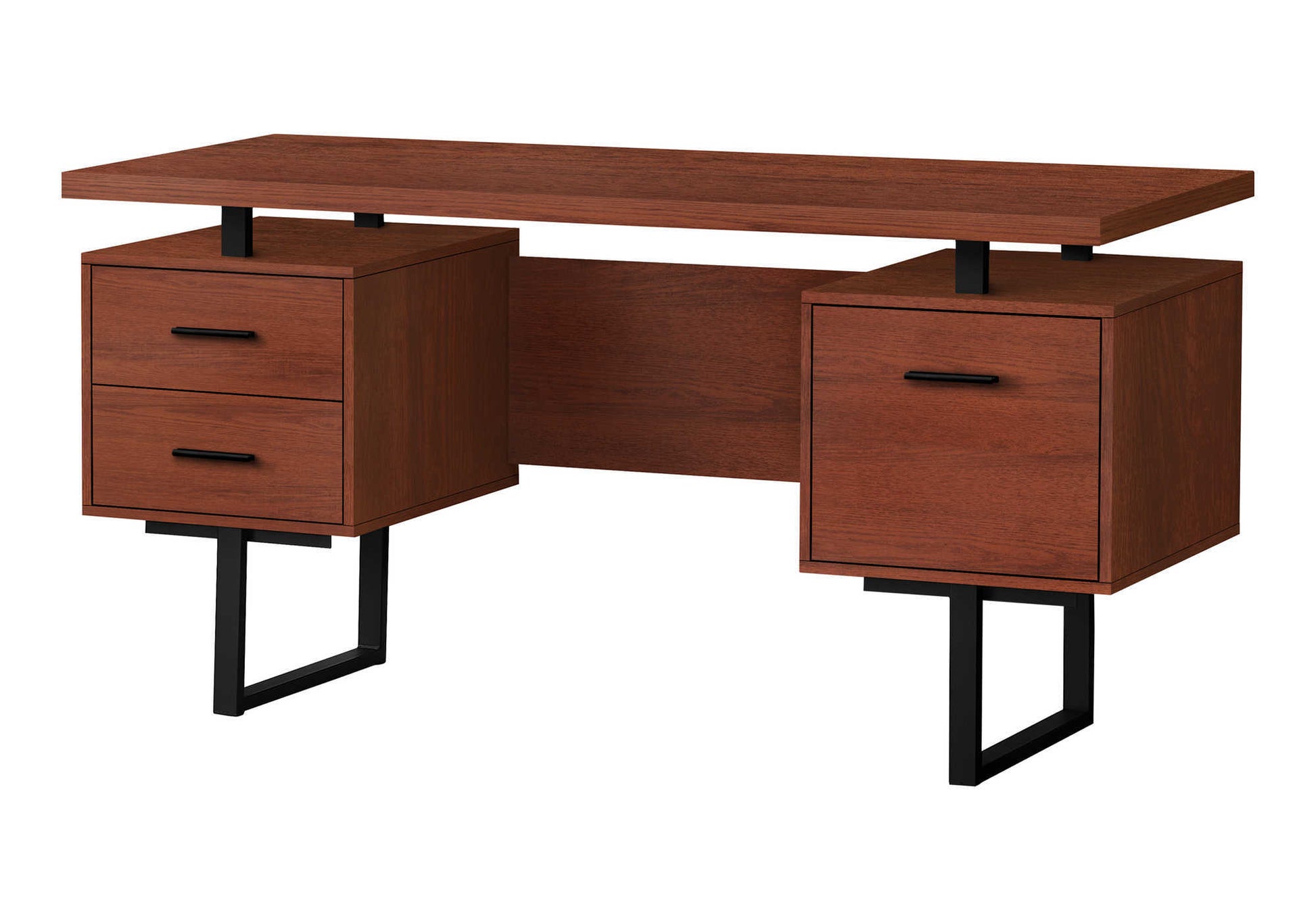 Computer Desk, Home Office, Laptop, Left, Right Set Up, Storage Drawers, 60"L, Work, Brown Laminate, Black Metal, Contemporary, Modern Cherry Particle Board