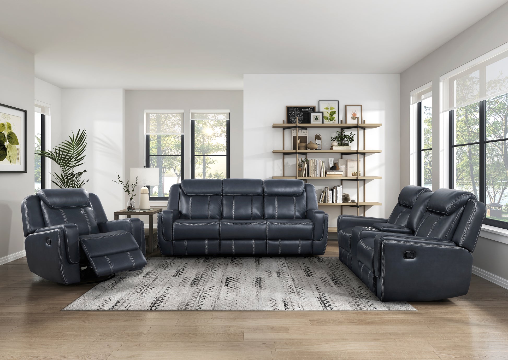 Modern Living Room Furniture 3Pc Reclining Sofa Set Bluefaux Leather Upholstery Sofa Loveseat Swivel Reclining Chair, Cup Holders, Power Outlets, Usb Ports Blue Faux Leather Wood Primary Living Space Modern Plywood,Solid Wood 6 Seat