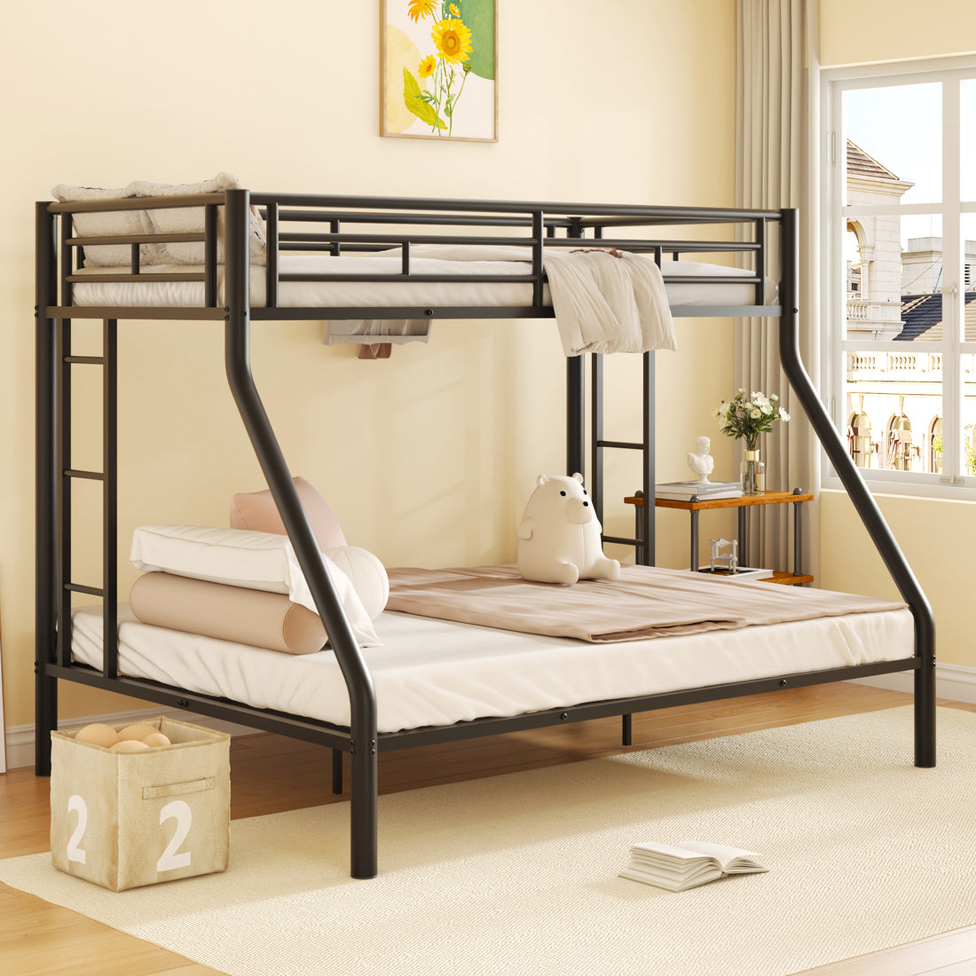 Twin Xl Over Queen Metal Bunk Bed With Ladder And Guardrails, Black Expected Arrival Time: 9.7 Box Spring Not Required Twin Xl Black Metal Metal