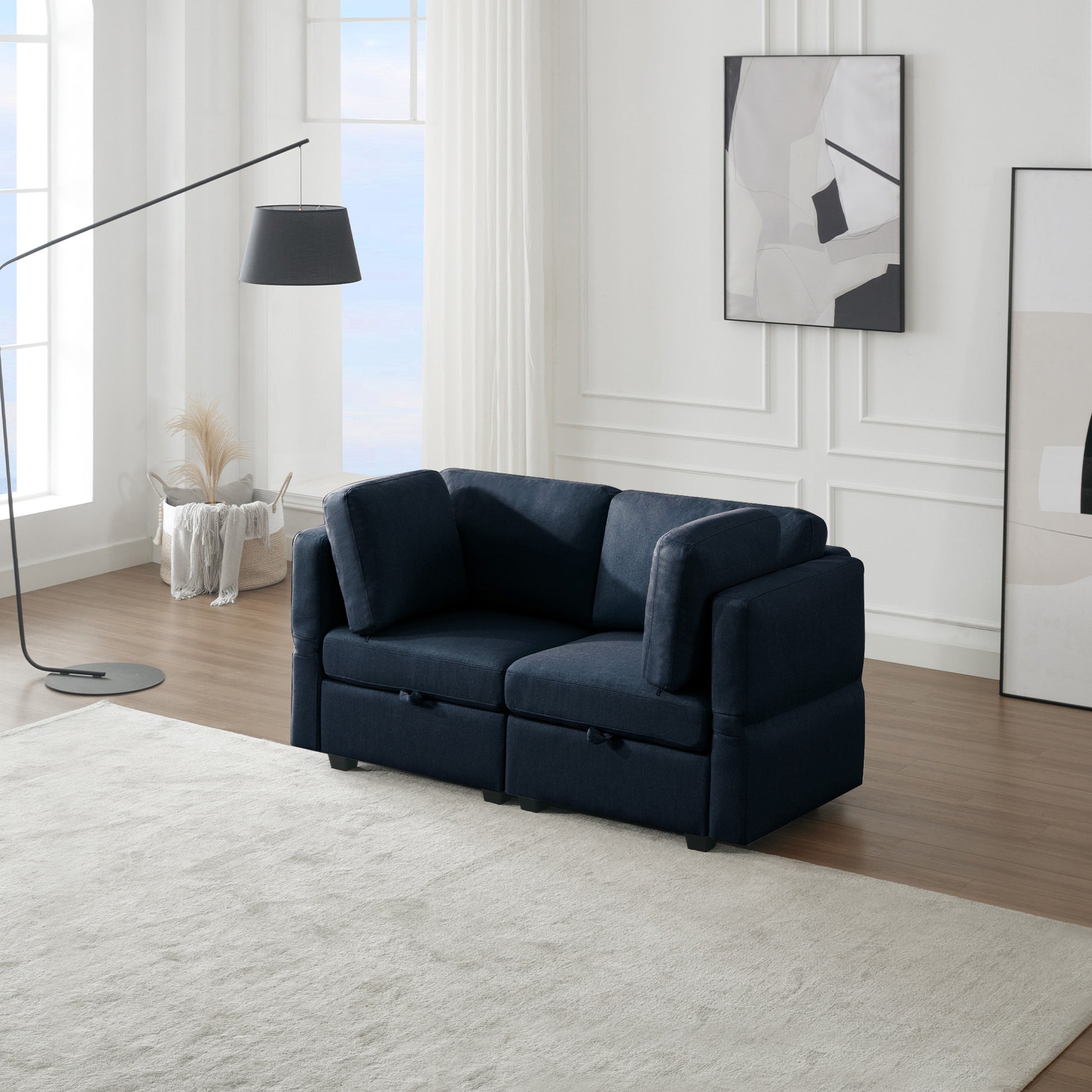 Contemporary Modern Chic Upholstered Fabric Sofa With Storage Seats And Storage Ottomans, 2 Seater Sofa Fabric Couch With Adjustable Arms And Backs For Living Room Blue Blue Polyester 2 Seat