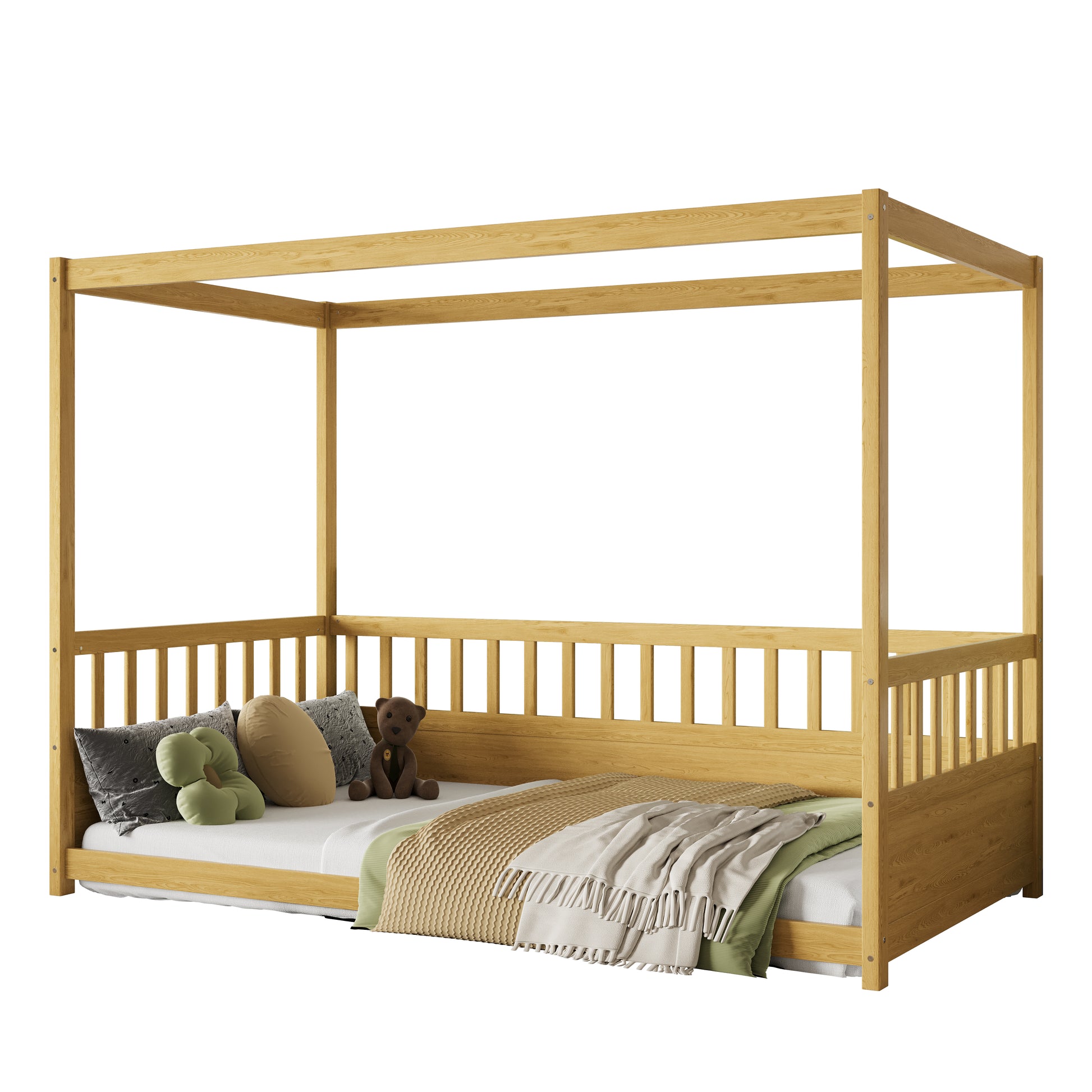 Twin Size Canopy Bed Frame With Guardrails For Kids,Floor Bed Twin With Four Poster Design,Kids Montessori Floor Bed,Wood Canopy Bed Frame For Girls,Boys Twin,Natural Box Spring Required Twin
