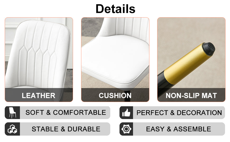 Table And Chair Set.Modern Minimalist Dining Table. White Imitation Marble Pattern Sintered Stone Desktop With Golden Metal Legs.Paried With 6 Comfortable Chairs With Pu Seats And Black Metal Legs.
