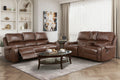 Double Reclining Brown Sofa With Center Drop Down Cup Holders, Receptacles And Usb Ports,Faux Leather Upholstered Traditional Trim 1Pc Modern Living Room Furniture Brown Faux Leather Wood Primary Living Space Modern Plywood,Solid Wood 3 Seat