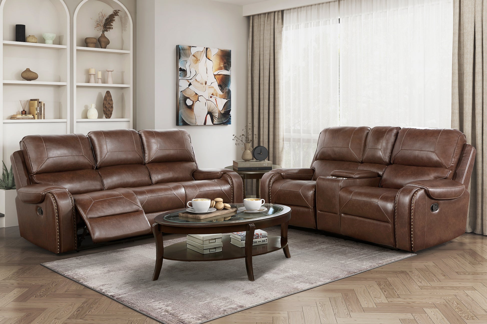 Double Reclining Brown Sofa With Center Drop Down Cup Holders, Receptacles And Usb Ports,Faux Leather Upholstered Traditional Trim 1Pc Modern Living Room Furniture Brown Faux Leather Wood Primary Living Space Modern Plywood,Solid Wood 3 Seat
