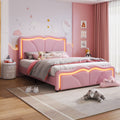 Full Size Upholstered Platform Bed With Curve Shaped And Height Adjustbale Headboard,Led Light Strips,Pink Full Pink Upholstered